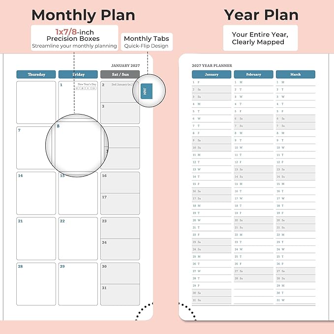 Planner 2026-2027 Daily Weekly and Monthly,6.5"x3.75",18 Months Spiral Bound Calendar Agenda with Self-adhesive Pen Holder,2026 Academic Plan with Vegan Leather Soft Cover,Pink