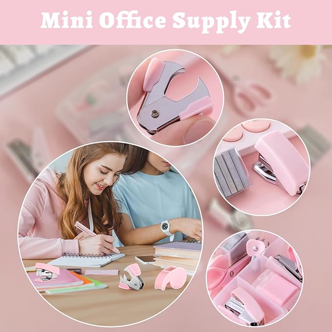 6 Pack Mini Office Supply Kits Mini School Supplies – Includes Mini Stapler,Scissors, Note Paper, Eraser, Tape Dispenser (Heart)
