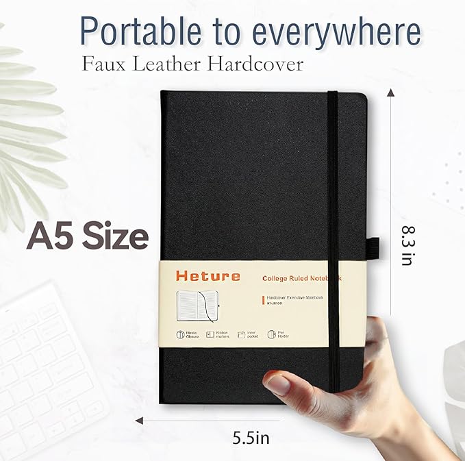 Heture Hardcover Notebooks, A5 Lined Journals Notebook for Writing 160 Pages, 8.2 x 5.5 inch, Classic Ruled Notebooks for College/Work/Travel (Lined-3 Pack, Black)