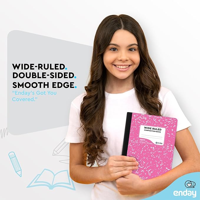 Composition Notebooks Wide Ruled Paper, Colored Marble Composition Notebook Covers, 100 Sheets (200 pages) Composition Books, Marble Notebooks Wide Ruled For School, Pink -Grey -Green – by Enday