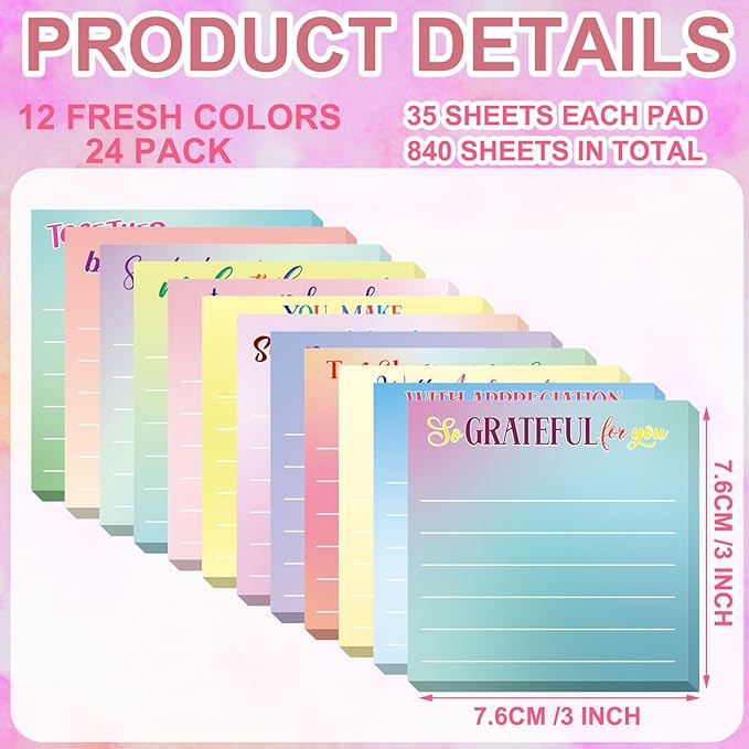 Yinder 24 Pcs Inspirational Sticky Notes Cute Motivational Sticky Notes Pad End of Year Employee Appreciation Gifts Bulk for Teacher Nurse Coworkers Office Supplies 3 x 3'' (Thankful,Classic Color)