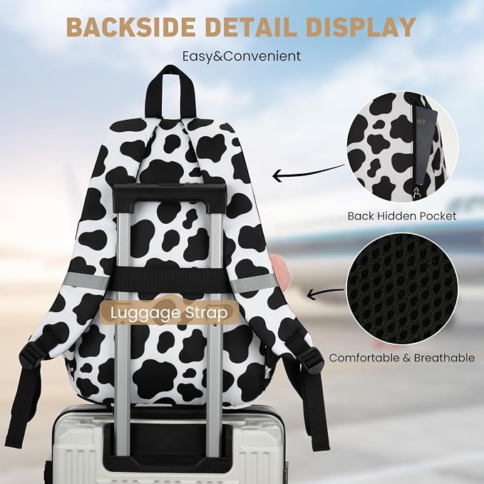 WINDARS School Backpack for Teen Girls, Cute College Backpacks for Women Students Aesthetic Bookbag Large 15.6 Inch Laptop Bag Middle School Travel Back Pack (Cow Print Black)