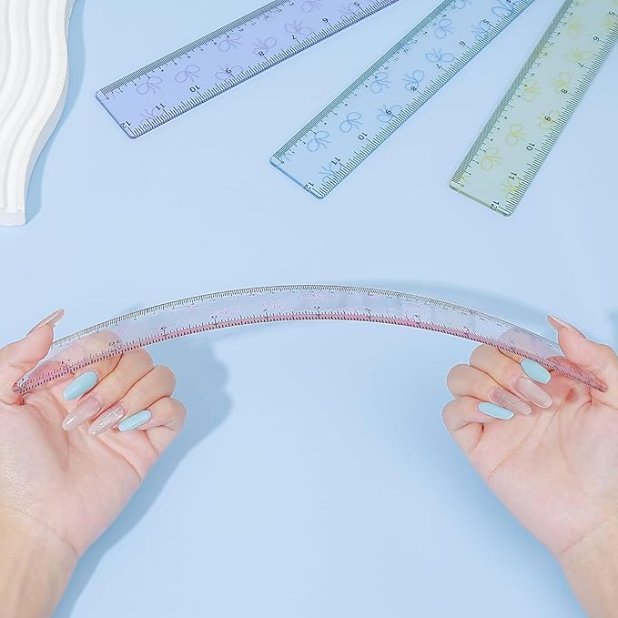 BAYTORY 4Pcs Transparent Acrylic Ruler 12 Inch, Clear Plastic Straight Rulers, Shatterproof Student Stationery Centimeters with Inches, for Classroom Essentials School Supplies (Bowknot 12 Inch)