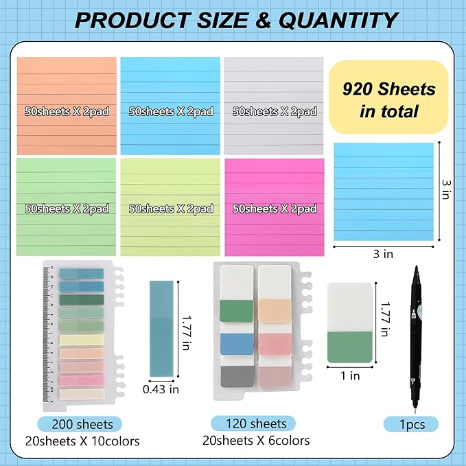Vuzvuv 920 Sheets Transparent Line Clear Sticky Notes with Pen,3x3 Inch Bulk Translucent Sticky Notes Set for Bible Tabs, Book Tabs, Office School Supplies(Bright Line Colors)