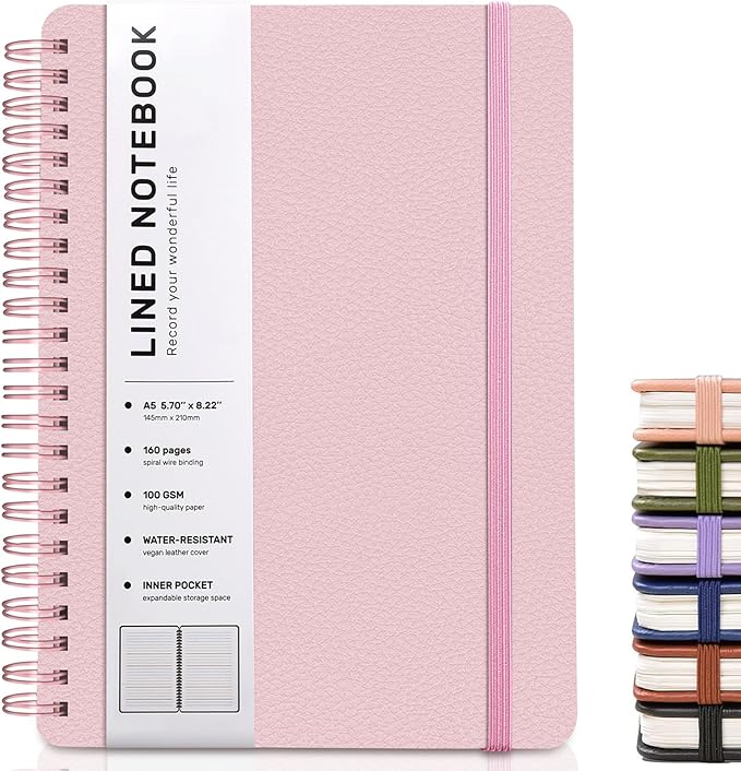 ABERLLS Lined Spiral Journal Notebook with 160 Pages, 8×5.7in, A5 Spiral Notebook, Journaling Notebooks for Work, School, Women, Men, College Ruled Spiral Notebook, Hardcover Leather Journals, Pink