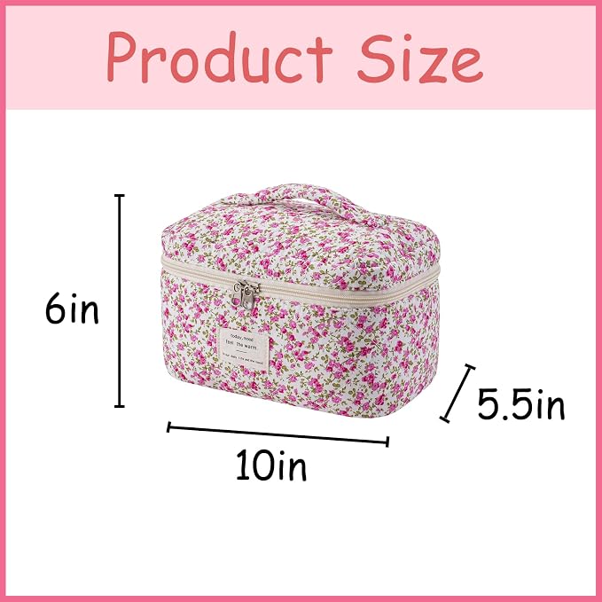 uekeboag Large Travel Quilted Makeup Bag for Women | Soft Floral Cotton Cosmetic Bag, Foldable Coquette Aesthetic Toiletry Organizer