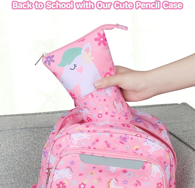 Standing Pencil Case Girls - Telescopic Pouch for Kids, Cute Kawaii Pencil Case for Girls, Big Capacity Stand Up Pencil Pouch for Kids, Pink Flower Unicorn