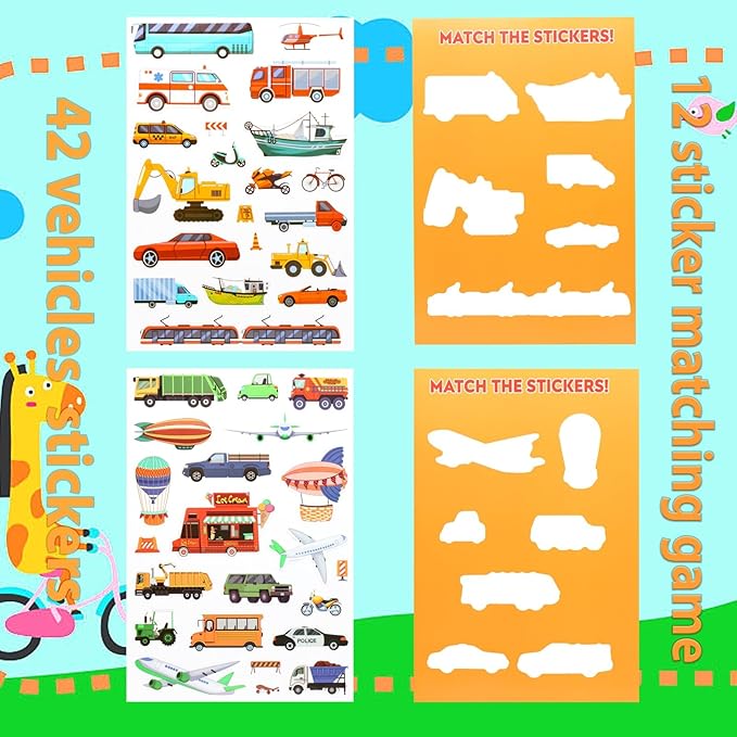 Jelly Sticker Books for Toddlers 2-4 Years, Reusable Sticker Book for Kids 1-3, Toddler Easter Basket Stuffers＆Travel Essentials Vehicles Stickers for Kids Toddler Plane Activities (Vehicles)
