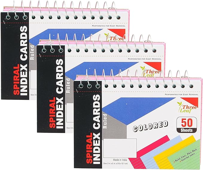 3-Pack Spiral Bound Colored Index Card Books, 3x5-Inch, Ruled, Perforated, Bright Colors: Canary-Cherry-Green-Blue, 50-Count per Book from Northland Wholesale. (3 Packs)