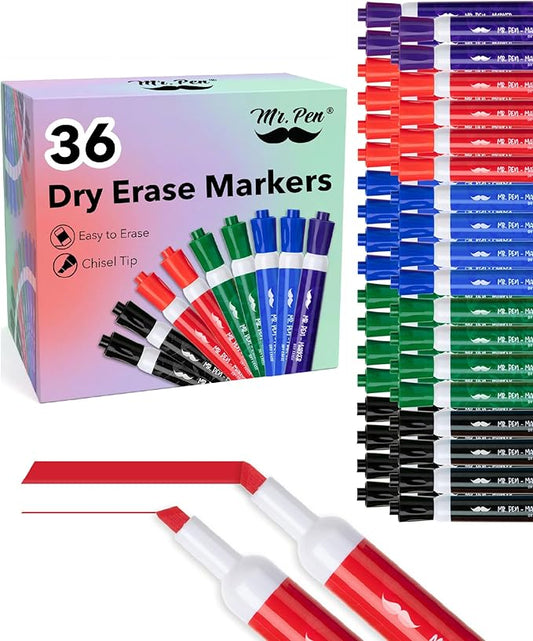 Mr. Pen- Dry Erase Markers, 36 Pack, Assorted Colors, Low Odor Ink, Chisel Tip, Bulk White Board Markers Dry Erase, Ideal for Classroom, Back to School Supplies, Teachers, Office, Whiteboard & Home