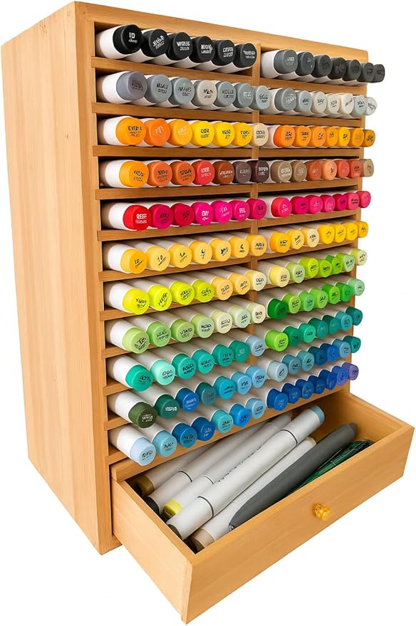 EpicGifts Alcohol Marker Organizer Storage for 168 Alcohol Markers With Marker Storage Drawer and Coloring Book Holder Slot - Bamboo Wooden Marker Storage Organizer
