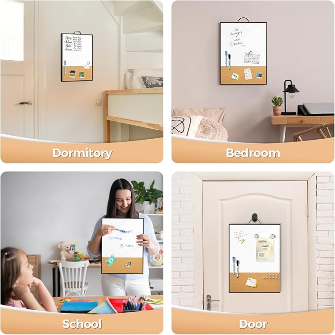 Small White Board Cork Board Combo, 16"x12" Black Aluminum Frame with Handle for Wall Hanging, Dry Erase Magnetic Whiteboard with Cork for Office Home School, Includes Markers Pins Magnets