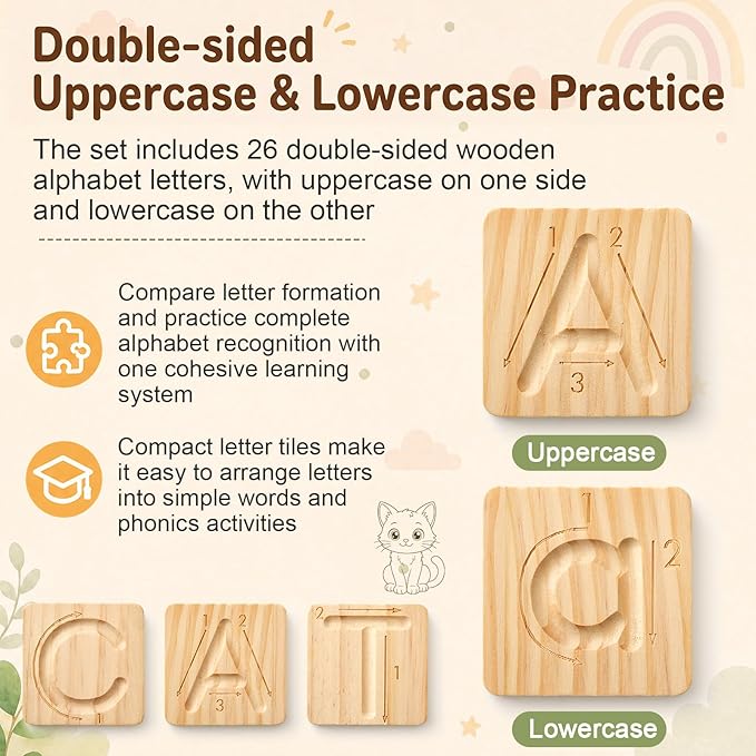 Alphabet Tracing Board for Kids Montessori Wooden Letter Tracing Set, 26 Double Sided Uppercase & Lowercase Boards with Arrows, Handwriting Practice Toy with Stylus & Storage Box