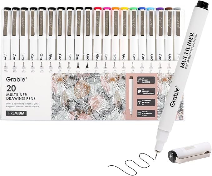Grabie Micro Finerliner Pens, 20 Multicolor Fine Line Waterproof Drawing Pens, Assorted Point Sizes for Sketching, Illustration, Journaling, Art Supplies