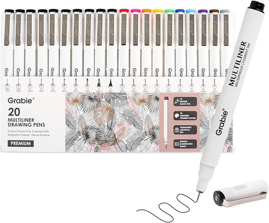 Grabie Micro Finerliner Pens, 20 Multicolor Fine Line Waterproof Drawing Pens, Assorted Point Sizes for Sketching, Illustration, Journaling, Art Supplies
