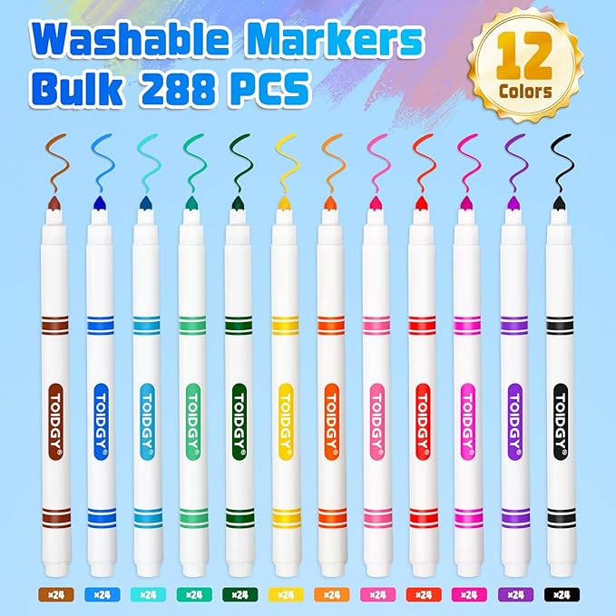 Toidgy 288 PCS Washable Markers for Kids, Colored Markers Bulk for School, Thin Marker Set in 12 Assorting Colors, Fine Line Marker with Conical Tip, Back to School Supplies, Classroom Must Haves