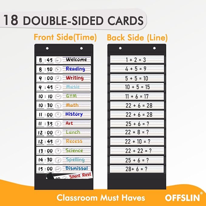Daily Schedule Pocket Chart, 13+1 Pockets Visual Classroom Schedule Pocket Chart, 18 Double-Side Dry Erase Cards Routine Calendar for Classroom, Office, Home Teacher Supplies (Black)
