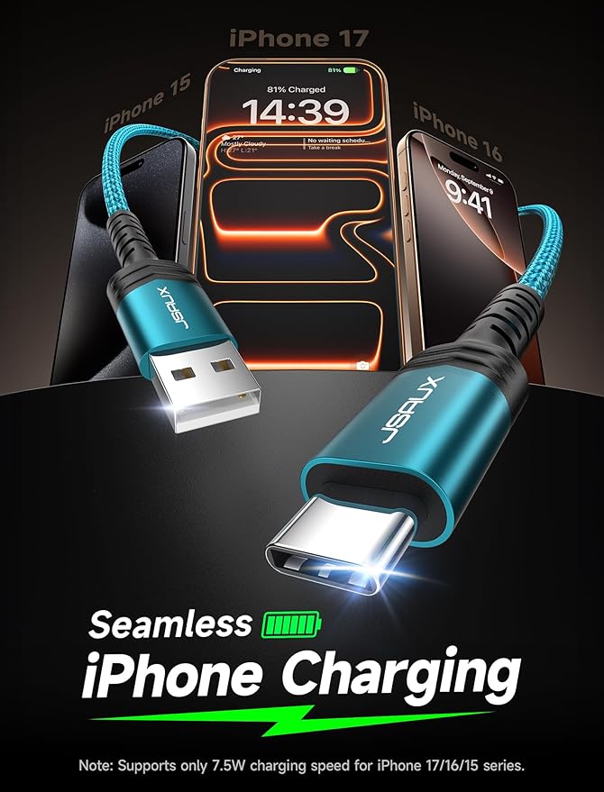 JSAUX USB C Cable 4-Pack [10ft+6.6ft+3.3ft+3.3ft], iPhone 16 Charger USB A to Type C Fasting Charging Cord Compatible with iPhone 16/16 Pro/16 Pro Max/15, Samsung Galaxy S24 S23 S22 Note 20 10 Green