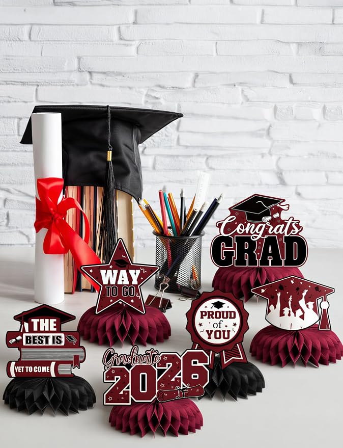Graduation Table Decorations, Red Black Honeycomb Centerpiece Glitter Graduation Centerpieces for Tables Congrats Grad Table Toppers Congratulate for Class of 2026 Grad Party Supplies, 9Pcs