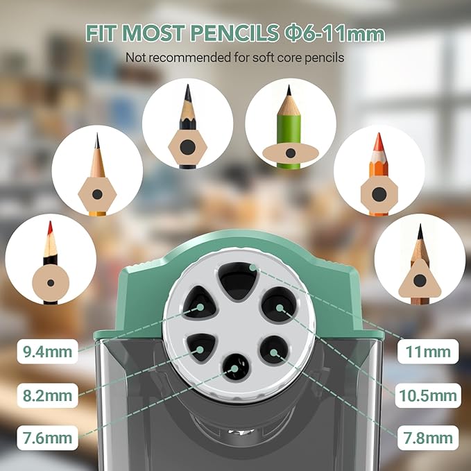 AFMAT Electric Pencil Sharpener for Classroom, 6 Holes, Cordless & Rechargeable, Super Fast, Auto Stop, 10K+ Uses, Heavy Duty Pencil Sharpener for 6-11mm No.2/Large/Colored Pencils PSD4(Green)