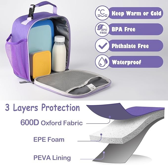 CaCTOUR Lunch Box Kids,Premium Insulated Lunch Bag for Girls Boys Teen Women,Soft Bag Mini Cooler Back to School Thermal Reusable Lunch Bag for Work School Picnic (Purple)