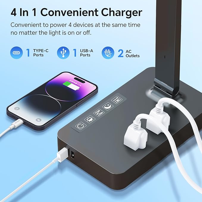 LED Desk Lamp with Power Strip: Table Lamp with Charging Station - 2 Outlets 1 USB-A Ports 1 Type-C Ports, Surge Protection, 5 Color Modes 5 Brightness for Home Office, College Dorm Room Essentials
