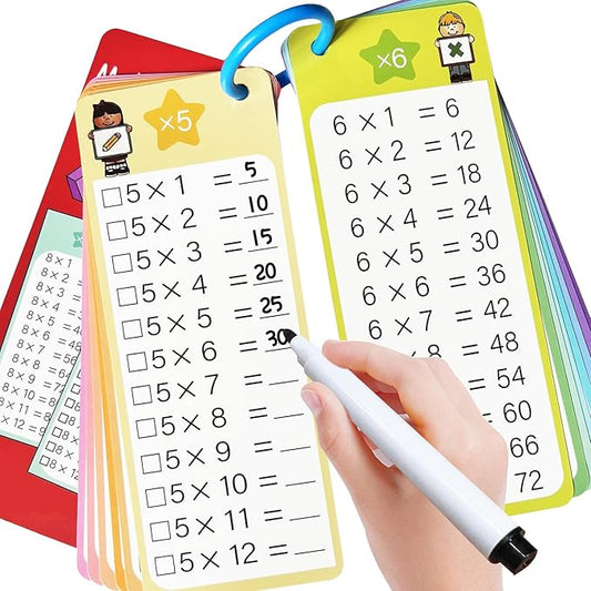 Multiplication Flash Cards 0-12, 15PCS Times Table Flash Cards Chart, with Dry Erase Markers Sorting Ring, 1st, 2nd, 3rd Grades Educational Math Multiplication Game for Kids Classroom Home