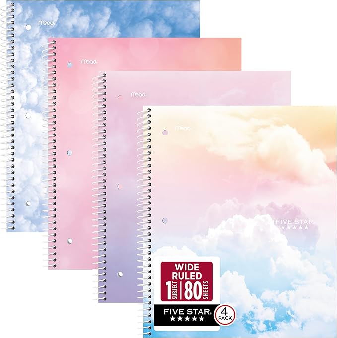 Five Star Spiral Notebook + Study App, 1 Subject, Wide Ruled Paper, 8" x 10-1/2", 80 Sheets, Clouds, 4 Pack (930294F)