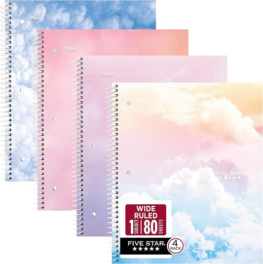Five Star Spiral Notebook + Study App, 1 Subject, Wide Ruled Paper, 8" x 10-1/2", 80 Sheets, Clouds, 4 Pack (930294F)