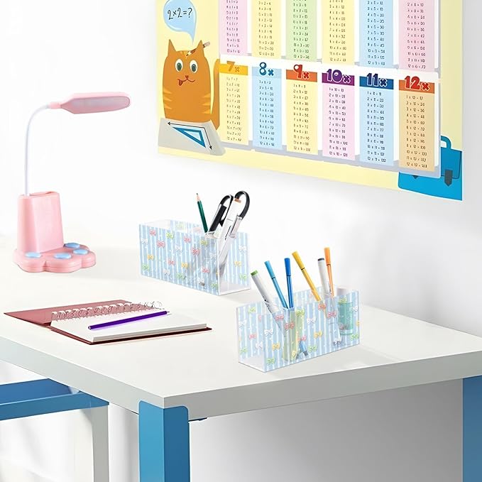 Aslsiy Bows Ribbon (20) Pen Holder for Kids 4 Compartments Acrylic Pencil Holder Clear Makeup Brush Holder Desk Organizer Office Supplies