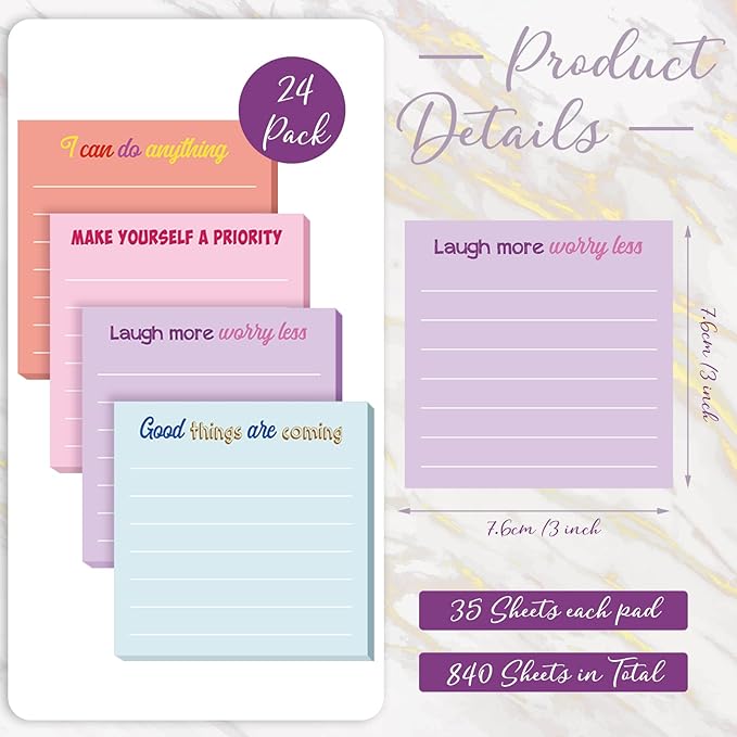 Yinder 12 Pcs Inspirational Sticky Notes Cute Motivational Sticky Notes Pad End of Year Employee Appreciation Gifts Bulk for Teacher Nurse Coworkers Office Supplies 3 x 3'' (Inspirational,Simple)
