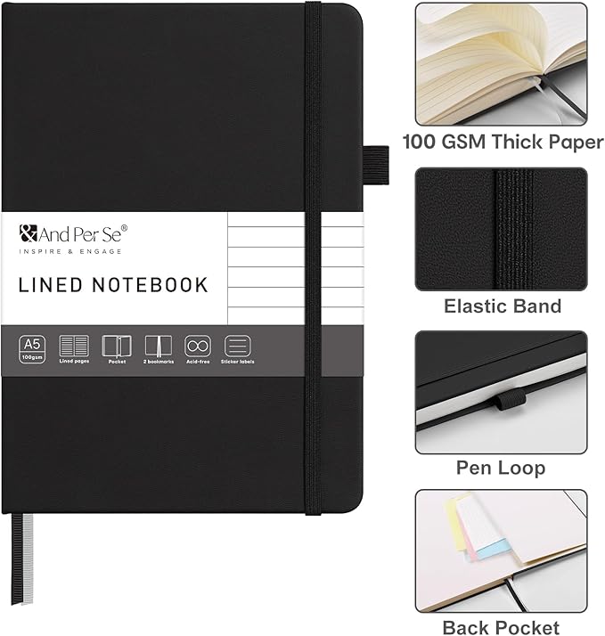 &And Per Se Lined Journal Notebook – A5 5.7”x8” College Ruled, 160 Pages, 100gsm Thick Paper, Journaling Notebooks for Writing (Black)