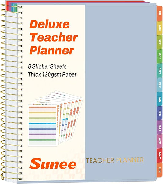 SUNEE Deluxe Teacher Planner 2026-2027, Lesson Planner Book with 7 Periods Jul 2026 - Jun 2027, 8.5" x 11" Daily Weekly and Monthly Organizers with Colorful Tabs, Planning Stickers,120gms Paper, Blue