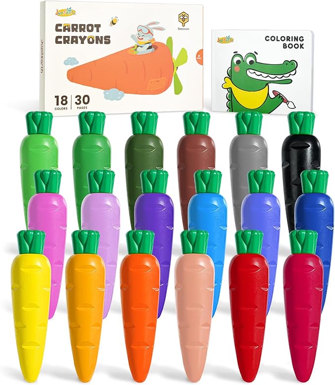 JUPITEARTH Carrot Crayons for Kids 18 Colors, Non Toxic Beeswax Crayons for Toddlers 1-3 with 30-Page Coloring Book & Stickers & 120 PDF Pages, Mess-Free Coloring for Kids Art Supplies Gift