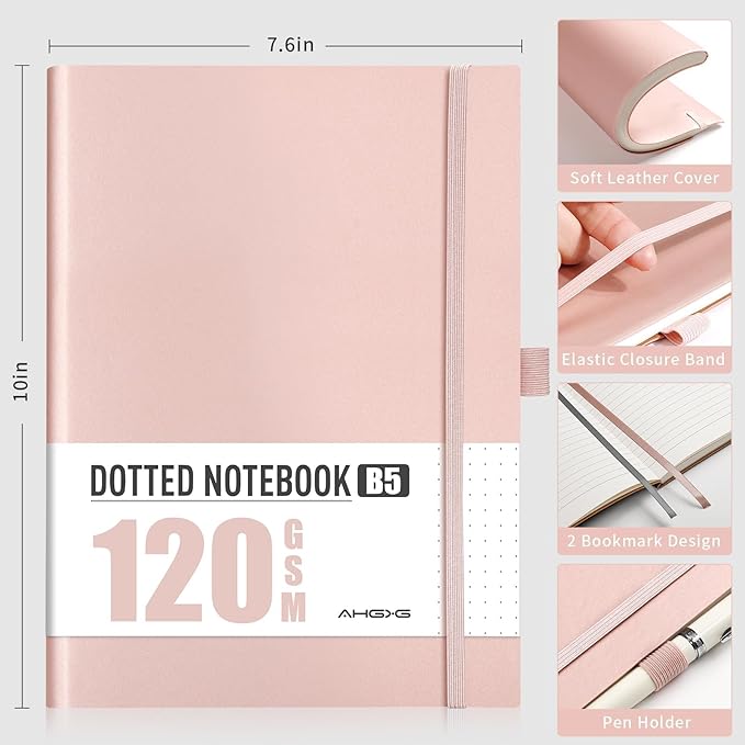 AHGXG Dotted Journal - Dot Grid Notebook Journal, 120 GSM Thick Acid-Free Paper, Large B5 Dotted Notebook 96 Pages, Leather Softcover, Inner Pocket, Journal Stencil, 7.6'' X 10'', Rose Gold