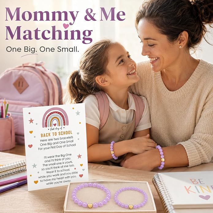Back to School Bracelets Heart Matching Mommy and Me Elastic Wish Strings Bead Bracelets First Day of School Supplies Gifts