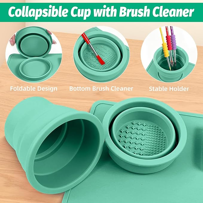 Silicone Craft Mat, Paint Pad with Detachable Cleaning Cup, Paint Mats with 3 Painting Brushes, 23.6 x 15.8in Nonslip Art Mat, Painting Station Reusable Art Supplies for Kids(Green)