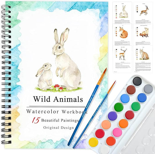 Watercolor Workbooks Coloring Book, Beginner Friendly Painting Kit, Detailed Steps, Creative Exploration Watercolor Book with Paint Set for Adults Teens (Wild Animals, With paint)