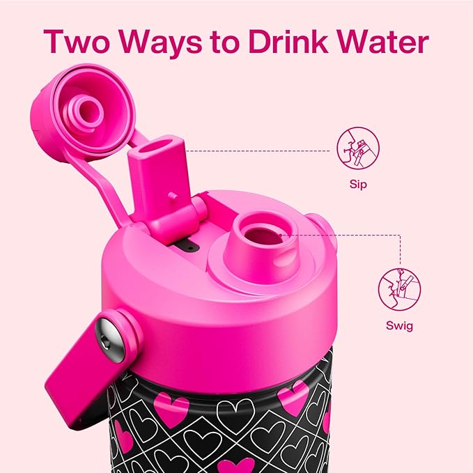 ENCOOL Insulated Water Bottle with Straw Stainless Steel Water Bottle, Leak-Proof, BPA-Free, Keeps Cold for 24 Hours for Sports, Travel, School (26 oz, Bold Hearts Ember x Black)