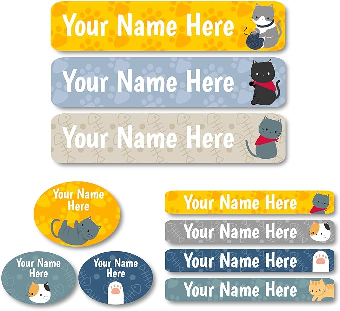 Lovable Labels Personalized Labels for Kids (85 Labels/Pack) - 3 Label Sizes Waterproof Dishwasher Safe Peel & Stick Labels for School Supplies Daycare Camp Clothing Bottles (Cat Antics)