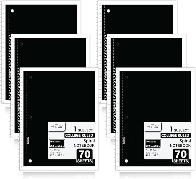 Yeplan Black Spiral Notebooks 6 Pack, College Ruled Notebook Paper, 1 Subject Notebook for School & Work, 8" x 10-1/2", 70 Sheets per Notebook, 6 Classic Black