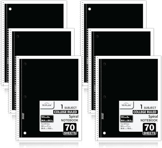 Yeplan Black Spiral Notebooks 6 Pack, College Ruled Notebook Paper, 1 Subject Notebook for School & Work, 8" x 10-1/2", 70 Sheets per Notebook, 6 Classic Black