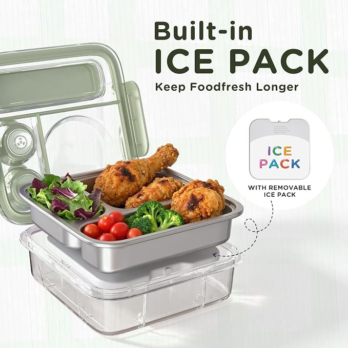 Stainless Steel Bento Lunch Box for Kids Adults with 8oz Insulated Food Jar, Leak-proof, Dishwasher-Safe, Transparent Lid with Sauce Cup and Cutlery Storage for School & Travel,BPA-Free(Green)