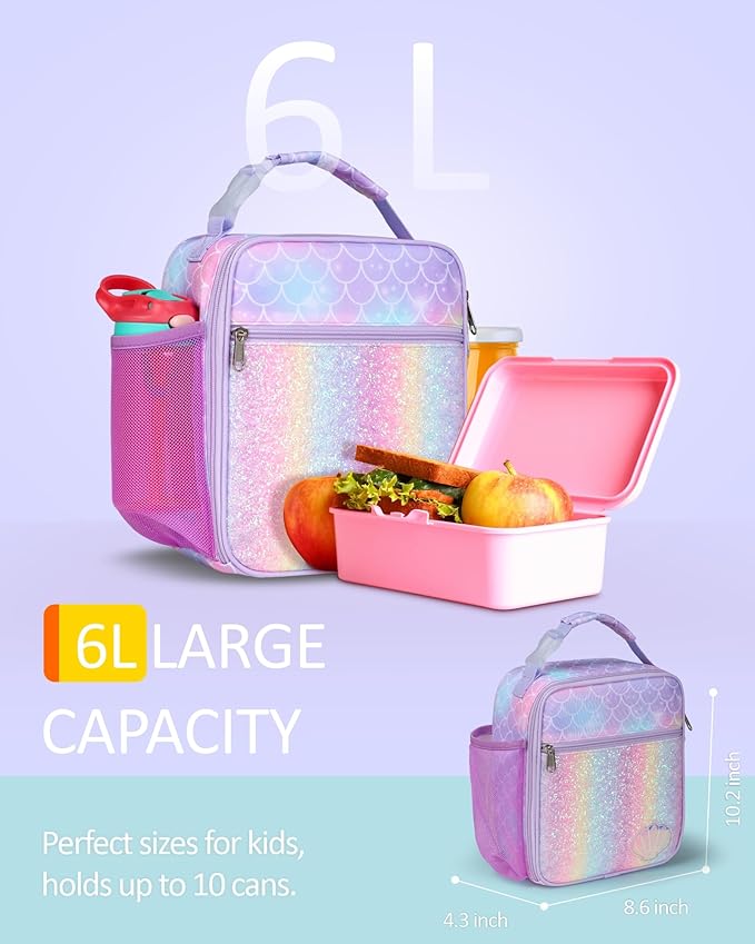 Bagseri Kids Lunch Box for Girls - Insulated Toddler Lunch Bag Fits Bento Box, Reusable Daycare Cooler Tote with Clip Handle, Water-Resistant Lining, Glitter Purple Mermaid