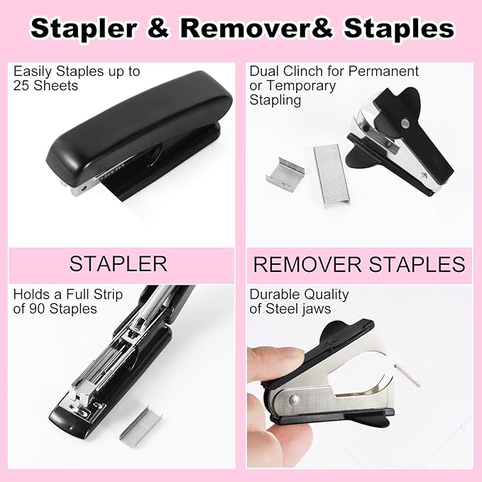 Gawsey Desk Organizers and Accessories Set with 360-Degree Rotating Pen Holder, Tape Dispenser, Stapler, Staple Remover, 1000 Staples, Tape, Clips Set, Ruler, Scissor, Pen (Black)