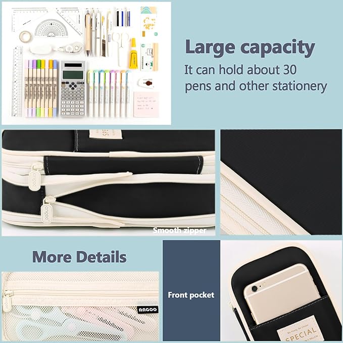 MAMUNU Expandable Pencil case with compartments, Large Capacity Pencil Cases Pencil Bag Pouch Office School, Portable Pencil Case Large School Stationery Organizer, Makeup Cosmetic Bag (Black)