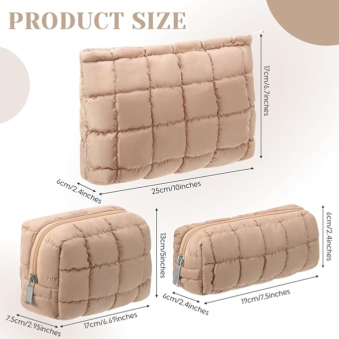 Huhumy 3 Pcs Puffy Makeup Bag Quilted Cosmetic Pouch for Women Cute Checkered Travel Toiletry Bag Puffer Makeup Organizer Purse Pouch Preppy Pencil Case with Zipper