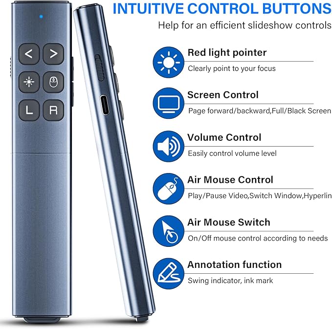 Presentation Clicker with Air Mouse - USB C Wireless Presenter Remote Clicker with Light Clicker, RF 2.4GHz PowerPoint Clicker for Presentation, Computer Clicker Slide Advancer for Mac,Laptop