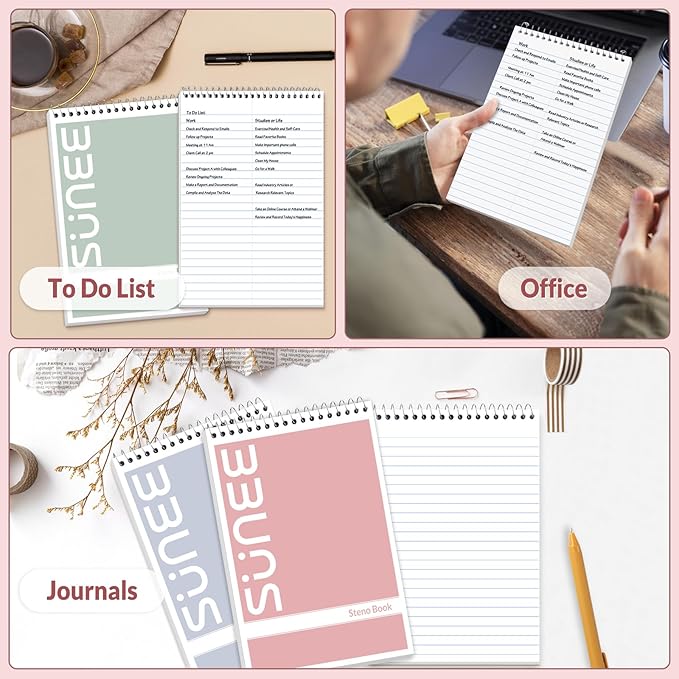 SUNEE Steno Pads 6x9 5 Pack, Gregg Rule, 60 Sheets, 5 Assorted Color Spiral Notebook 6x9, White Paper, Take Notes with Top Spiral Notebook, for School, University, College, Work, Office