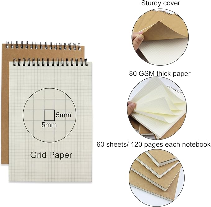 4 Pack Graph Paper Notebook, A5 Top Wirebound Grid Spiral Notebook 5.8" x 8.3",60 Sheets,5mm x 5mm Grid Paper,Grid Notepad for Students, Math, Engineering (Kraft)